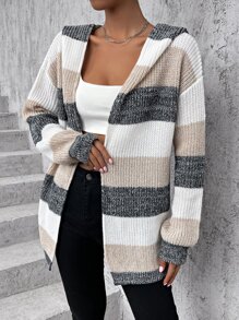 SHEIN Essnce 撞色落肩袖連帽開襟開衫 - 彩色 - 查看 5