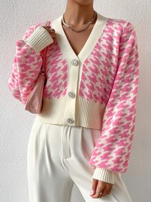 SHEIN ChicEase Houndstooth Pattern Lantern Sleeve Cardigan,Long Sleeve Tops - Multicolor - View 6