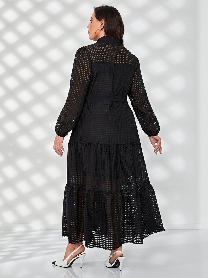 プラス フリルトリム ランタンスリーブ ベルトドレス Modelyn プラス ランタンスリーブ フリル裾 ベルト シャツドレス