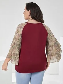 Mulvari Burgundy Red Plus Floral & Paisley Print Flounce Sleeve Top - Burgundy - View 2