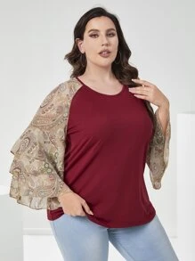 Mulvari Burgundy Red Plus Floral & Paisley Print Flounce Sleeve Top - Burgundy - View 1