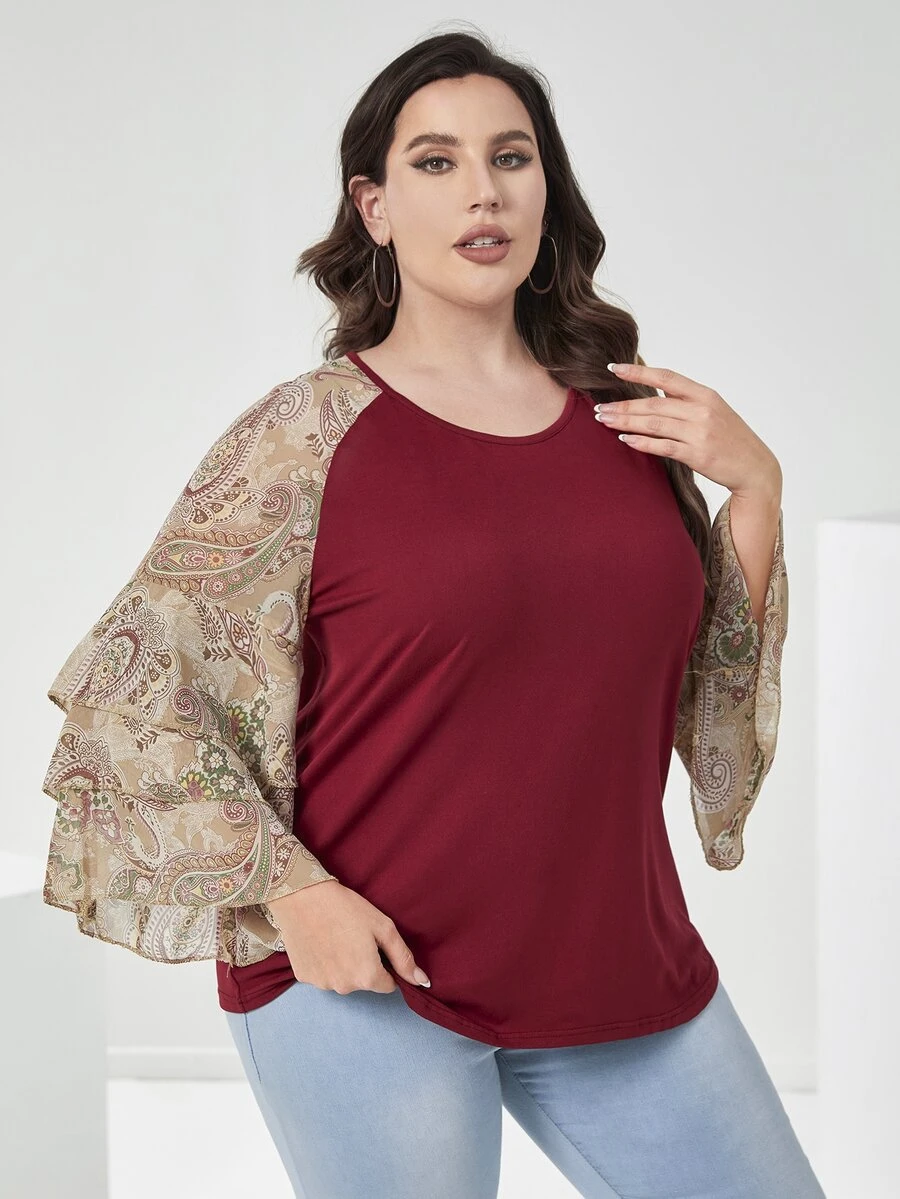 Mulvari Burgundy Red Plus Floral & Paisley Print Flounce Sleeve Top - Burgundy - View 1