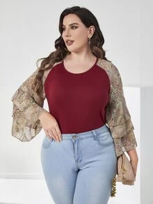 Mulvari Burgundy Red Plus Floral & Paisley Print Flounce Sleeve Top - Burgundy - View 3