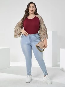 Mulvari Burgundy Red Plus Floral & Paisley Print Flounce Sleeve Top - Burgundy - View 5