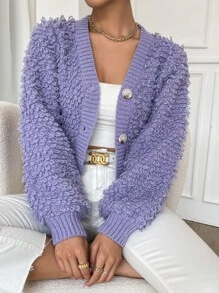 Loop Knit Button Front Cardigan - Violet Purple - View 1