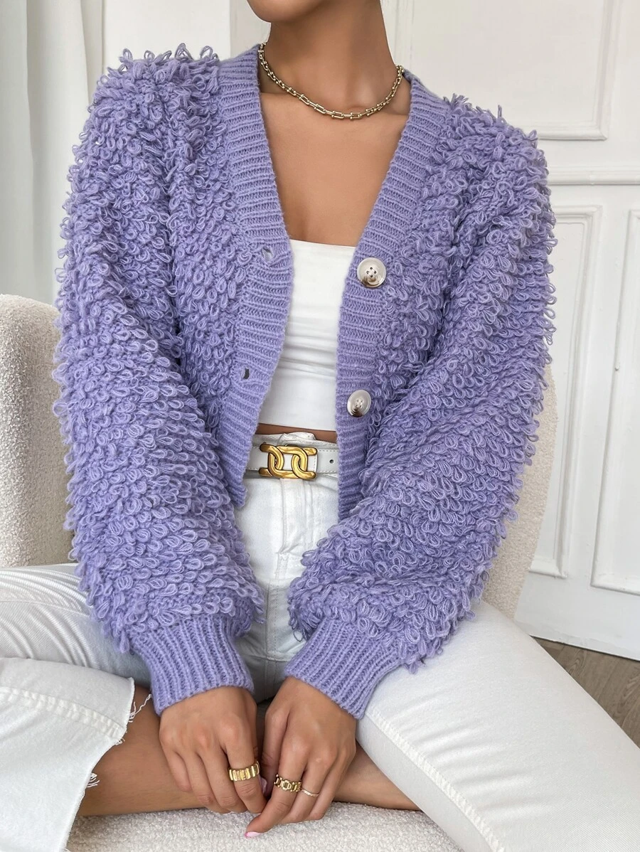 Loop Knit Button Front Cardigan - Violet Purple - View 1