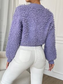 Loop Knit Button Front Cardigan - Violet Purple - View 2