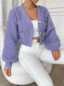 Loop Knit Button Front Cardigan - Violet Purple - View 3