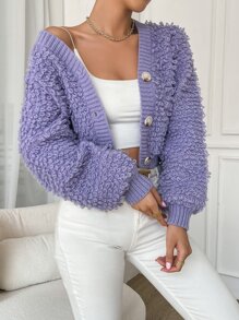 Loop Knit Button Front Cardigan - Violet Purple - View 4