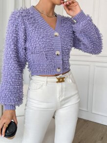 Loop Knit Button Front Cardigan - Violet Purple - View 6