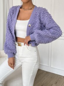 Loop Knit Button Front Cardigan - Violet Purple - View 7