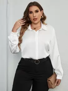 SHEIN Clasi 大碼素色前紐扣襯衫 - 白色 - 查看 1