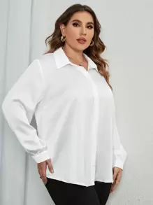 SHEIN Clasi 大碼素色前紐扣襯衫 - 白色 - 查看 5