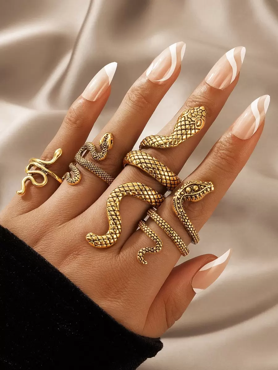 imoli Set de 4 anillos de aleación con diseño de serpiente tallada en estilo punk moderno, adecuado para fiestas, reuniones y regalos - Amarillo Oro - Ver 1