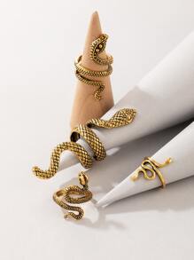 imoli Set de 4 anillos de aleación con diseño de serpiente tallada en estilo punk moderno, adecuado para fiestas, reuniones y regalos - Amarillo Oro - Ver 3
