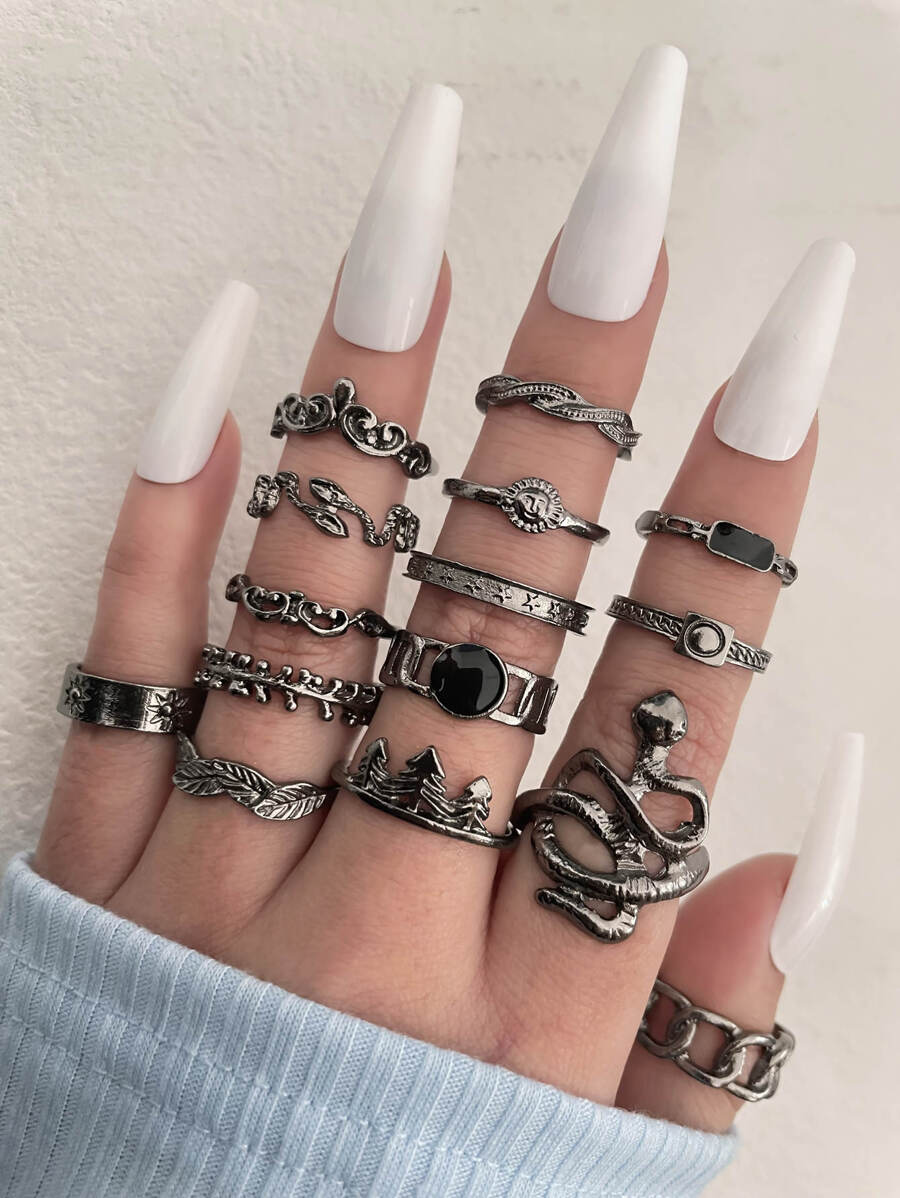 15 cái/bộ Retro Con rắn , Cây Lá cây , mặt trời Đen Khớp Bộ nhẫn , Thích hợp Đối với Mặc hàng ngày Dành Cho Nam Và Nữ - Màu Đen Súng - Xem 1