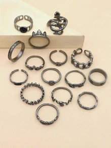 15 cái/bộ Retro Con rắn , Cây Lá cây , mặt trời Đen Khớp Bộ nhẫn , Thích hợp Đối với Mặc hàng ngày Dành Cho Nam Và Nữ - Màu Đen Súng - Xem 2