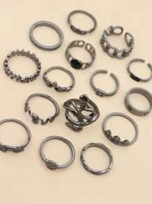 15 cái/bộ Retro Con rắn , Cây Lá cây , mặt trời Đen Khớp Bộ nhẫn , Thích hợp Đối với Mặc hàng ngày Dành Cho Nam Và Nữ - Màu Đen Súng - Xem 3