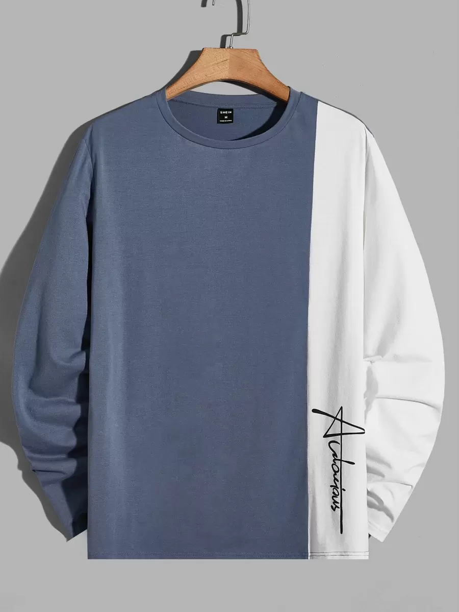 Manfinity VCAY Men T-Shirts Fit Crew Neck Long Sleeve Graphic Tee Letter Graphic Casual Simple Spring Polyester - Dusty Blue - View 1