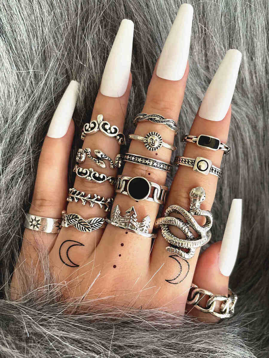 15pcs/Set Vintage Snake Tree Leaf Sun Black Oil Drip Joint Rings Set ...
