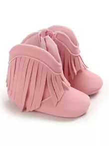 Baby Fringe Decor Side Zip Boots - Pink - View 1