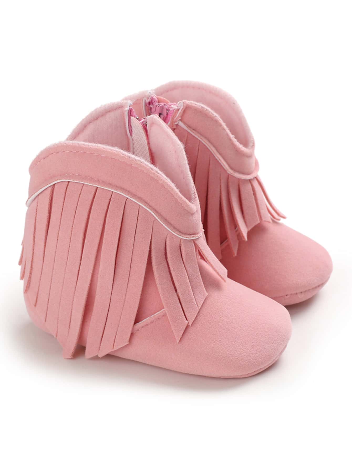 Baby Fringe Decor Side Zip Boots - Pink - View 1