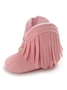 Baby Fringe Decor Side Zip Boots - Pink - View 4