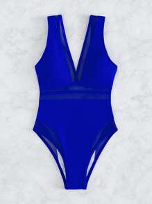 SHEIN Swim Summer Beach Contrast Mesh One Piece Swimsuit - Royal Blue - View 3