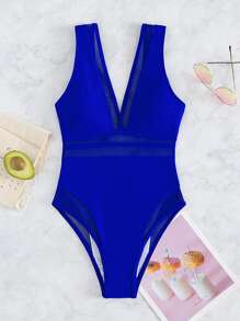 SHEIN Swim Summer Beach Contrast Mesh One Piece Swimsuit - Royal Blue - View 6