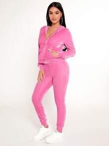 SHEIN PETITE Zip Up Drawstring Hoodie & Leggings - Pink - View 1