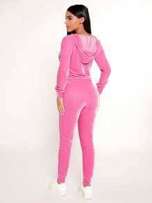 SHEIN PETITE Zip Up Drawstring Hoodie & Leggings - Pink - View 2