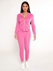 SHEIN PETITE Zip Up Drawstring Hoodie & Leggings - Pink - View 3