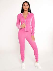 SHEIN PETITE Zip Up Drawstring Hoodie & Leggings - Pink - View 5