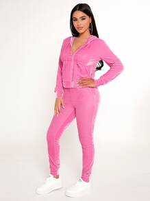 SHEIN PETITE Zip Up Drawstring Hoodie & Leggings - Pink - View 6