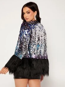 SHEIN BAE Open Front Contrast Fuzzy Sequin Coat - Multicolor - View 2
