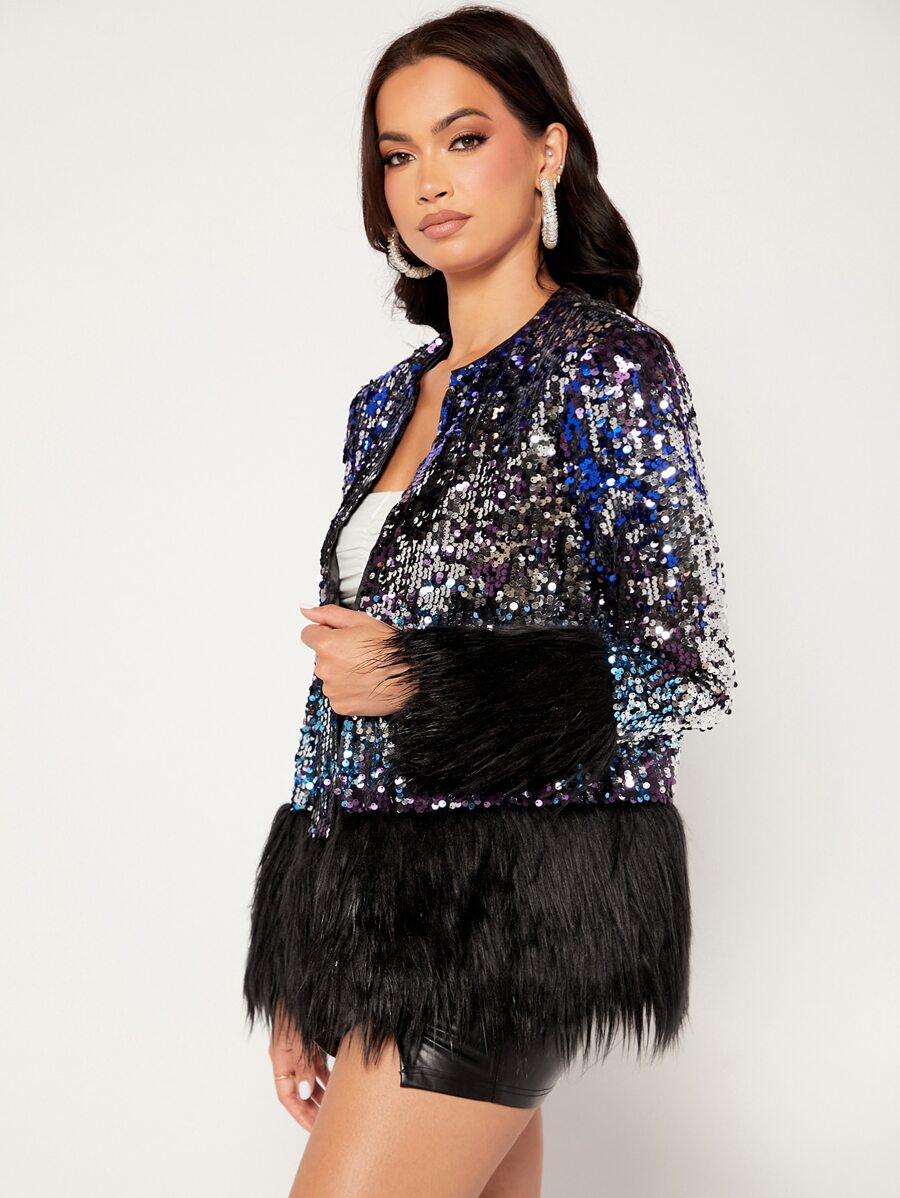 SHEIN BAE Open Front Contrast Fuzzy Sequin Coat - Multicolor - View 1