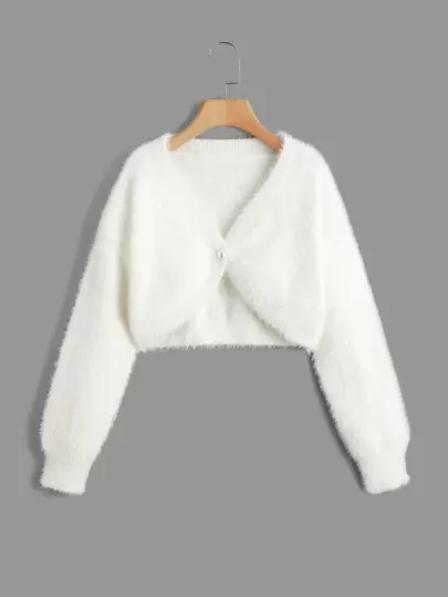 SHEIN 秋冬款少女落肩蓬松针织开衫