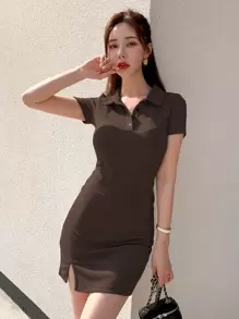 DAZY 高领开衩裙太阳裙，休闲女装 - 巧克力棕 - 查看 4