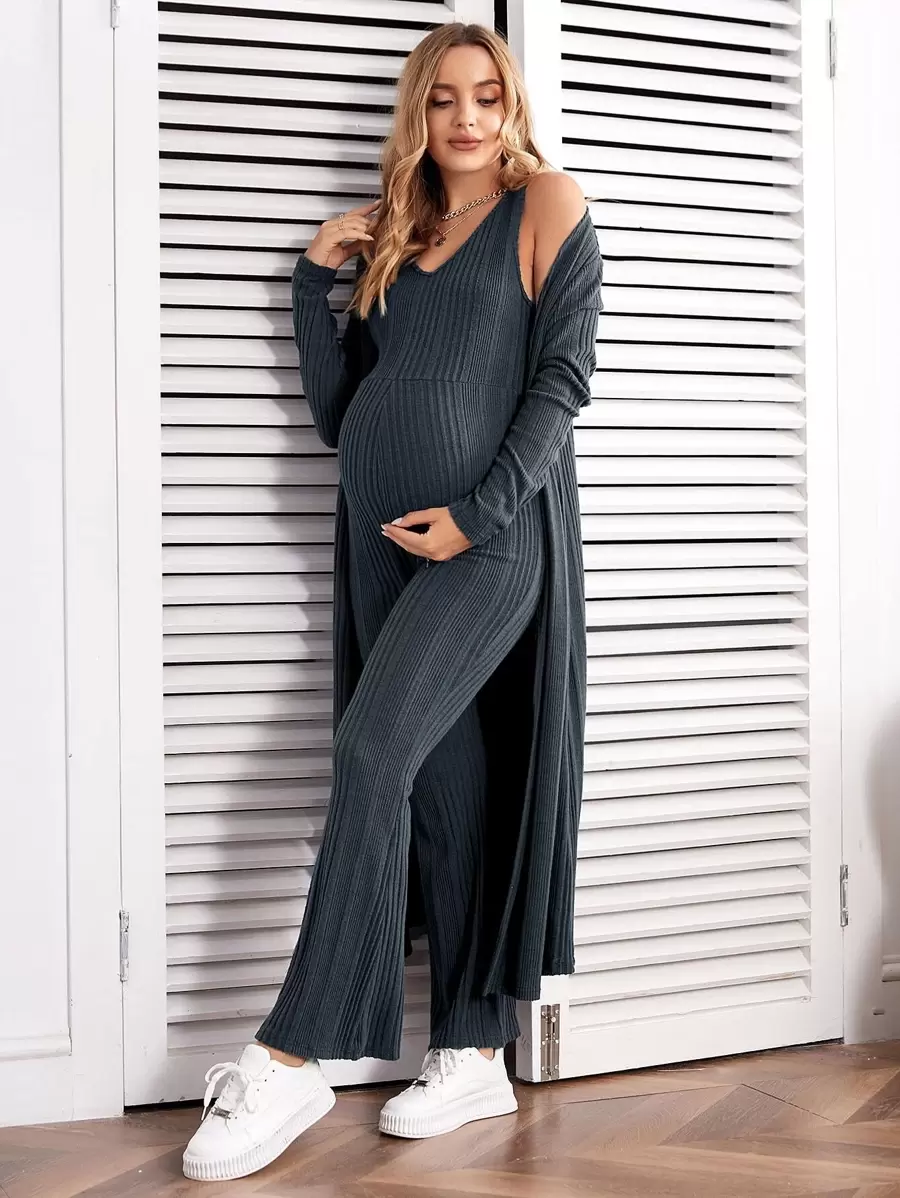 SHEIN Maternity Drop Shoulder Open Front Coat & Jumpsuit - Teal Blue - View 1