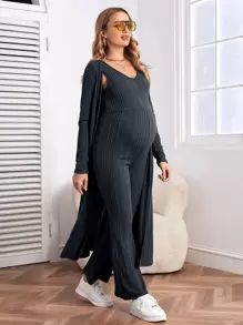 SHEIN Maternity Drop Shoulder Open Front Coat & Jumpsuit - Teal Blue - View 3