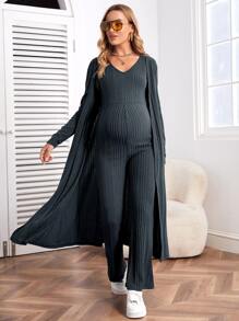 SHEIN Maternity Drop Shoulder Open Front Coat & Jumpsuit - Teal Blue - View 4