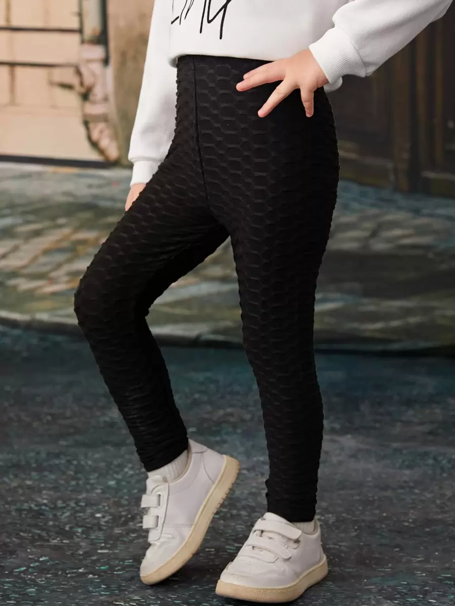 SHEIN Cô Gái Trẻ Chất rắn Tổ ong Xà cạp - màu đen - Xem 1