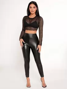 SHEIN PETITE Fishnet Mesh Crop Top Without Bra - Black - View 3