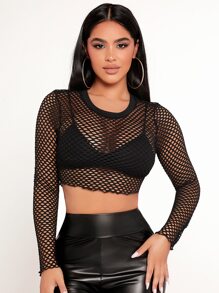 SHEIN PETITE Fishnet Mesh Crop Top Without Bra - Black - View 5
