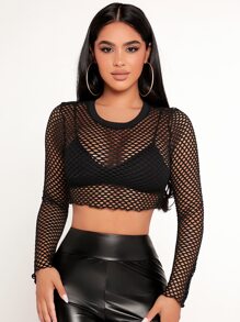 SHEIN PETITE Fishnet Mesh Crop Top Without Bra - Black - View 6