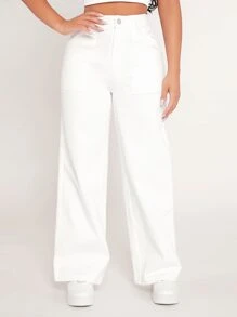 SHEIN PETITE High Waist Straight Leg Trousers - White - View 3