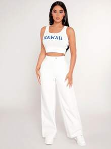 SHEIN PETITE High Waist Straight Leg Trousers - White - View 4