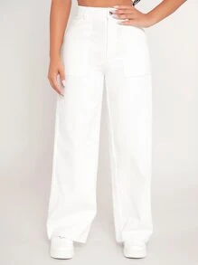 SHEIN PETITE High Waist Straight Leg Trousers - White - View 7