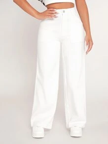 SHEIN PETITE High Waist Straight Leg Trousers - White - View 6