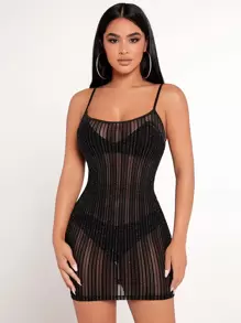 SHEIN PETITE See Through Mesh Bodycon Dress Without Lingerie - Black - View 1